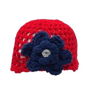 Girl's Hand-Crocheted Red and Navy Flower Beanie